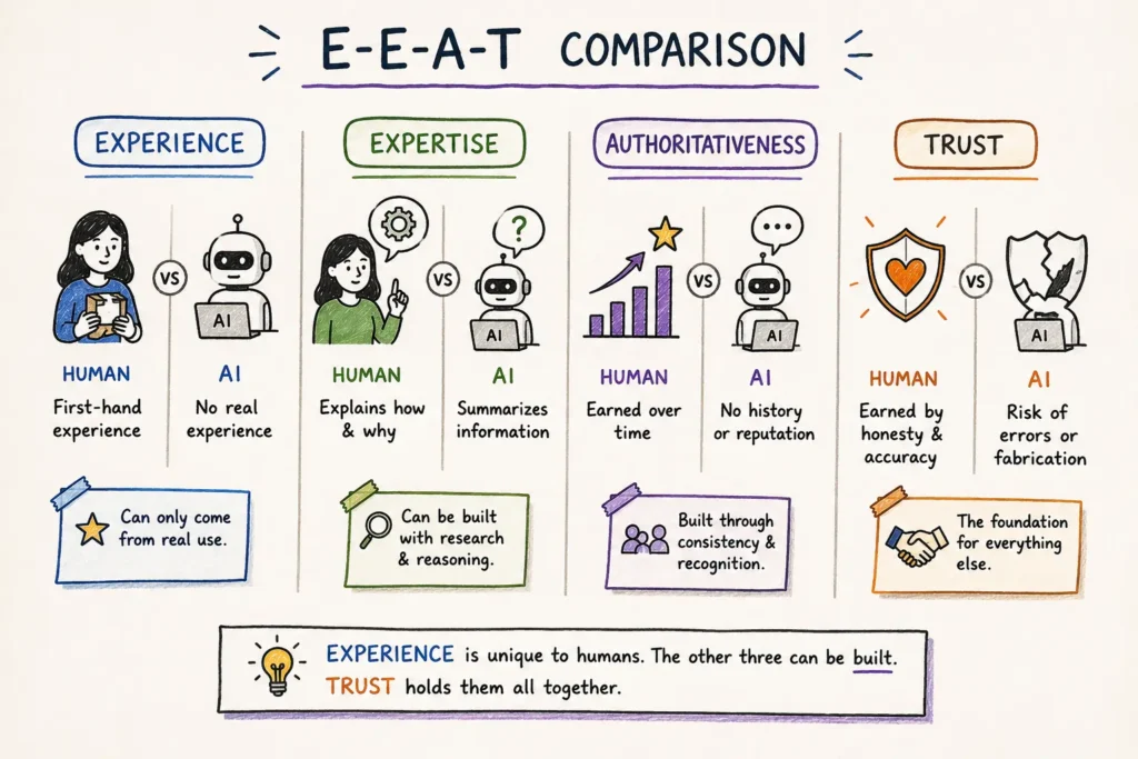 Illustrated comparison of human knowledge and AI across Google's E-E-A-T principles—Experience, Expertise, Authoritativeness, and Trust—showing how each contributes to high-quality content.