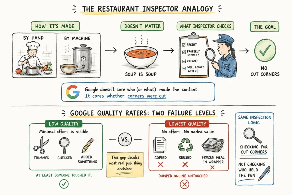 Illustration comparing restaurant food inspection with content quality, showing that quality depends on proper review and care rather than whether the content was created by AI or a human.
