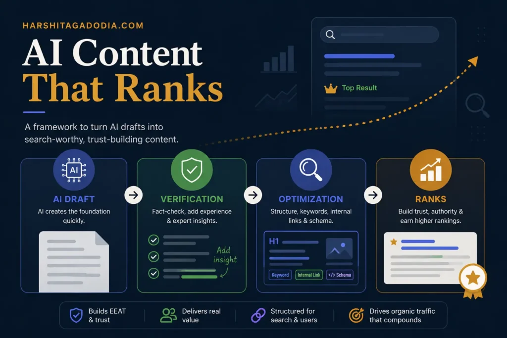 Illustration showing how AI-generated content can be optimized to rank higher in Google search.