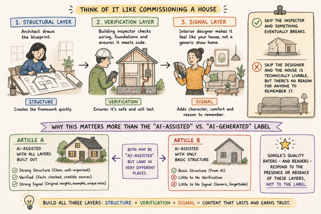 House-building illustration symbolizing the transformation of AI-generated content into high-quality, SEO-optimized content through human expertise.